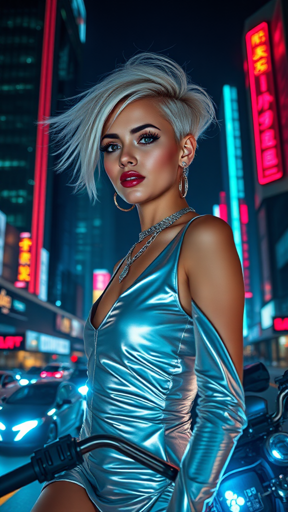 A fashion editorial close-up shot of a young woman with a short, sleek, platinum blonde haircut, standing in the middle of a futuristic metropolis at night. She wears a metallic silver dress paired with holographic accessories, reflecting the glowing neon lights of the city. The background features towering skyscrapers with futuristic signage, while flying cars zoom past in the distance. Her expression is bold and enigmatic as she stands confidently on a high-tech motorcycle, her hair catching the breeze from passing vehicles, creating a futuristic yet glamorous vibe.