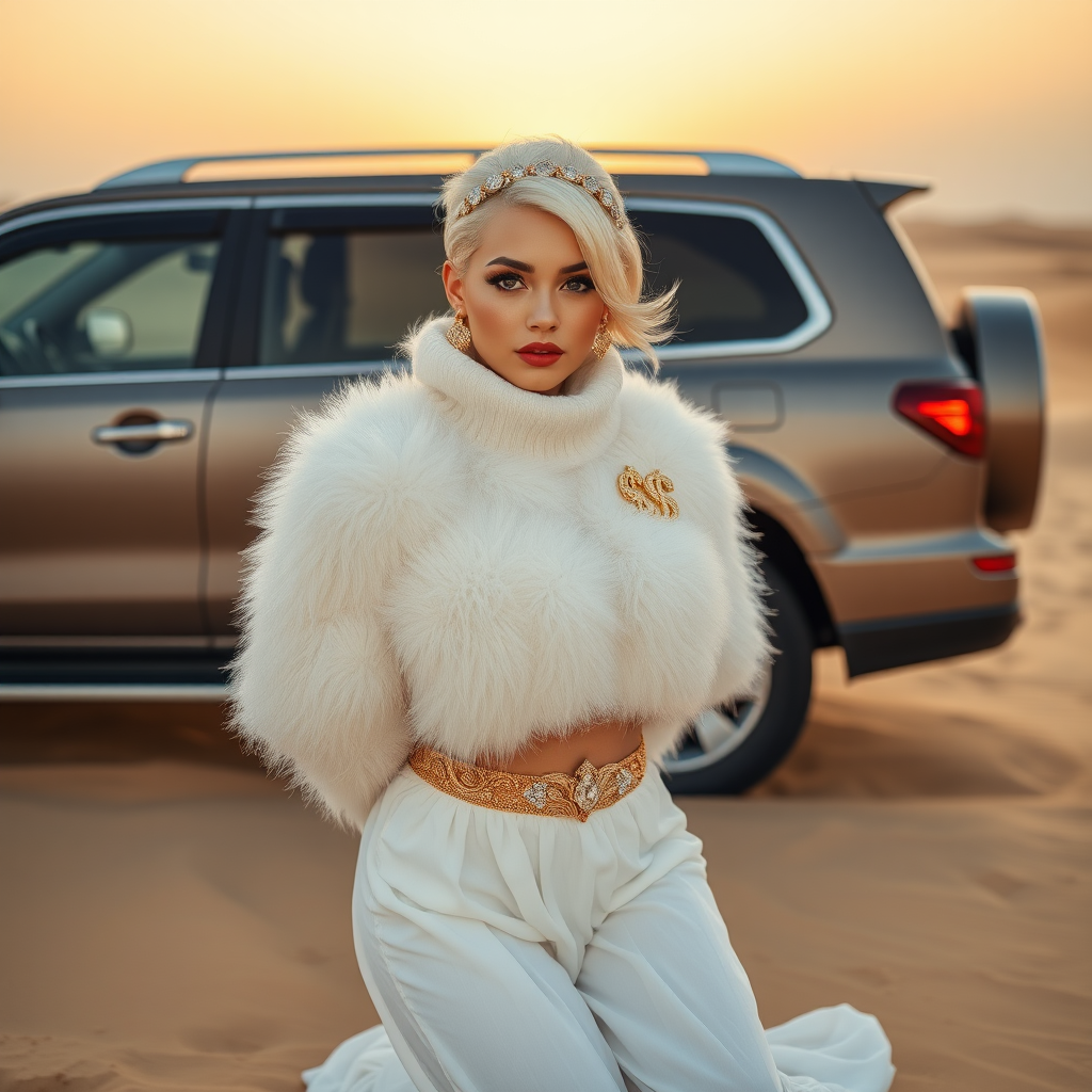 Kuwait desert dunes misty dawn, full size luxury SUV: Melissa, European 17 years old very convincing femboy “trophy-bimbo”, tamed servile docile, very beautiful feminine flawless face, rather short, by hormones very curvaceous womanly figured, platinum blond short tight curls, bold red lips, heavily made-up face, wearing Supertanya-style fluffy very fuzzy bright white angora turtleneck-poncho cropped ending under bust decorated with pearls and gemstones, striking oriental wide gold bridal protection belt, white fully transparent harem pants, full Oriental bridal jewelry with striking headpiece, full Oriental face-jewelry, striking diamond “$$$” letter brooch on left chest, pout frustrated, hands tied behind back, kneeling in sand in front of SUV, looking at camera. Focus on face and turtleneck-poncho.