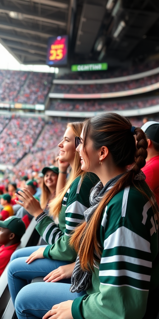 Attractive female NFL fan, pigtail hair, cheering together with her friends, inside crowded bleachers, NFL stadium