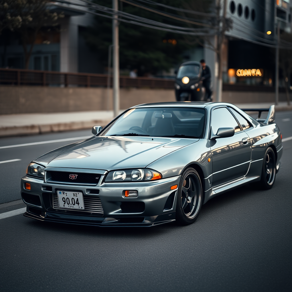 The car is parked on the side of the road, inspired by Taiyō Matsumoto, tumblr, restomod, nd4, c4 metallic shine gray black nissan skyline r34 kalabalik tokyo gece arkaplan