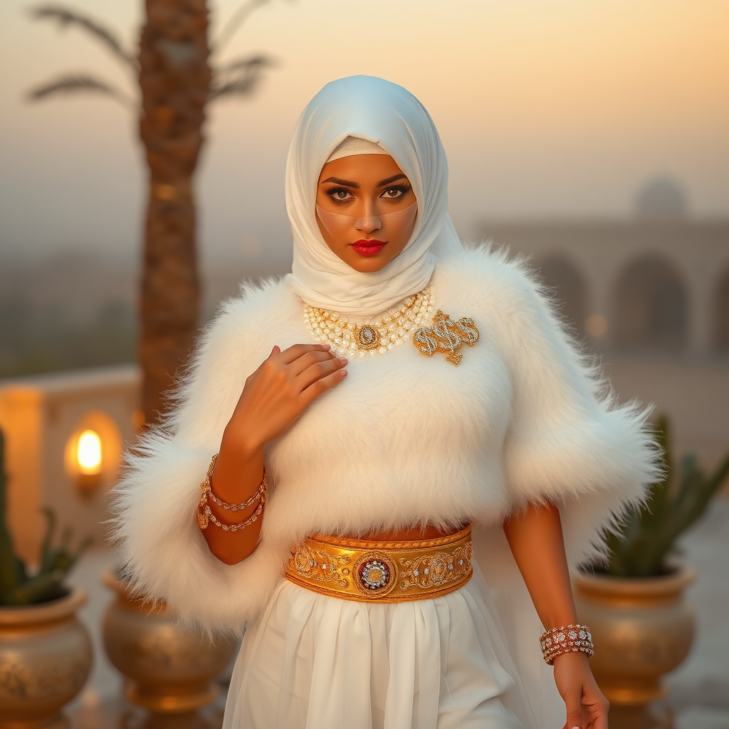 Kuwait desert palace harem patio misty dawn: Melissa, European 17 years old very convincing femboy “trophy-bimbo”, tamed servile docile, very beautiful feminine flawless face, rather short, by hormones very curvaceous womanly figured, platinum blond short tight curls, heavily made-up eyes, wearing Supertanya-style fluffy very fuzzy bright white angora turtleneck-poncho cropped ending under bust decorated with pearls and gemstones, striking oriental wide gold bridal protection belt, white fully transparent harem pants, full Oriental bridal jewelry, face covered by white sheer full Burka, coin anklets, striking diamond “$$$” letter brooch on left chest, pout frustrated, seductively dancing for the sheik, looking at camera. Focus on face and turtleneck-poncho.