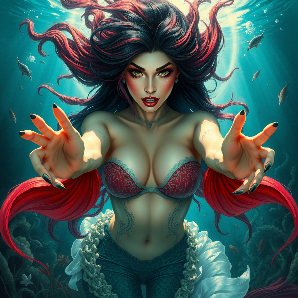 Vampirella as a mermaid underwater amazing loose flowing hair floating in a nimbus around her beautiful face her arms outstretched towards the viewer and she's looking down into the viewer's eyes making intense eye contact. loose fitting diaphanous. Burlesque. Stunning undersea life details plants and fish and other creatures of the sea. Powerful three dimensional graphic effects. oil painting