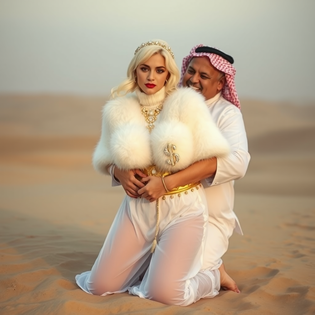 Kuwait desert dunes misty dawn: Melissa, European 17 years old very convincing femboy “trophy-bimbo”, tamed servile docile, very beautiful feminine flawless face, rather short boyish figure, platinum blond short tight curls, bold red lips, heavily made-up face, wearing Supertanya-style fluffy very fuzzy bright white angora turtleneck-poncho cropped ending under bust decorated with pearls and gemstones, striking oriental wide gold bridal protection belt, white fully transparent harem pants, full Oriental bridal jewelry with striking headpiece, full Oriental face-jewelry, striking diamond “$$$” letter brooch on left chest, pout frustrated, hands tied behind back, kneeling in sand with older overweight mighty sheik laughing, devotedly embracing Melissa..