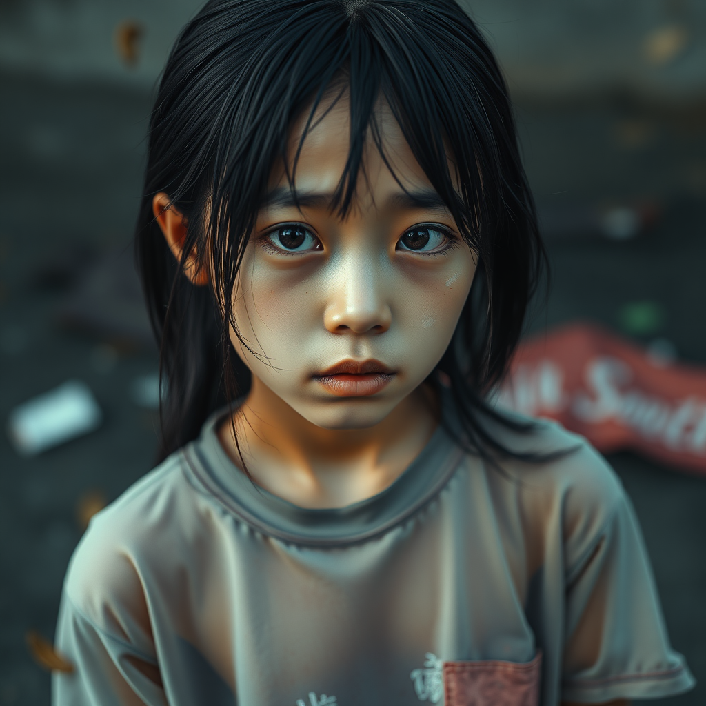 A homeless and sad and mysterious and surreal Asian girl in a very old, transparent T-shirt, with black hair and black eyes is looking without hope in her eyes and a little bit crying.