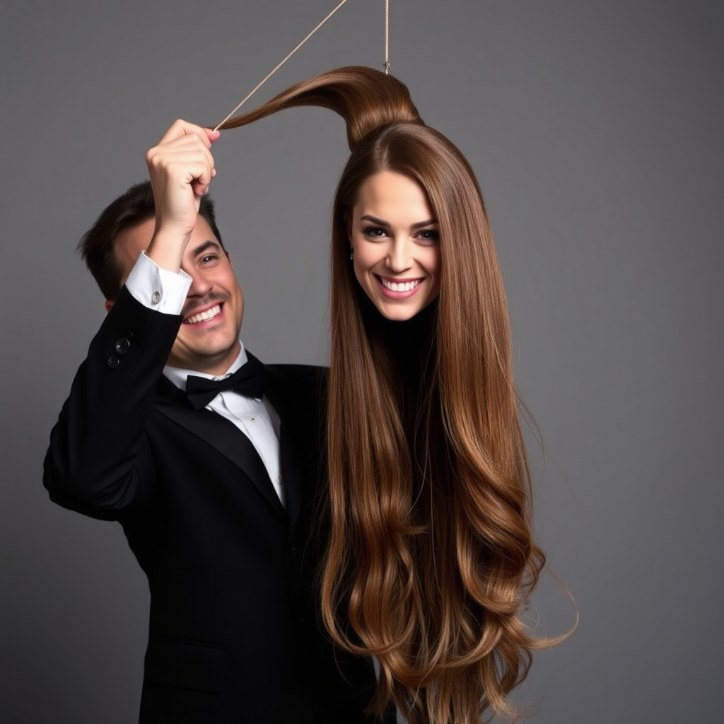 A surreal image of a smiling male magician holding up the disembodied head of a very long-haired Kate Middleton. He is grabbing her very long hair and pulling it up high in the air, while her head is hanging by her hair from his grasp to display it to the camera. Plain gray background.