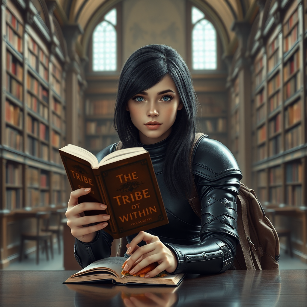 beautiful young woman, dark hair past her shoulders, blue eyes, small, slim figure, wearing full leather armor suit, sitting at table, reading book title: "The Tribe Within", a sandwich and backpack, in a grand old library.