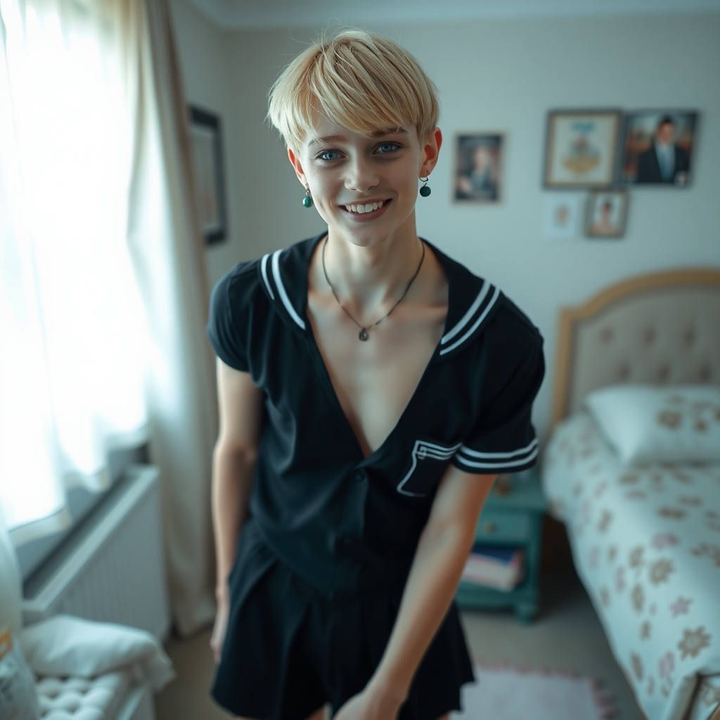 photorealistic, ultra high resolution, 16K, surreal fantasy, soft studio lighting, a pretty 16 year old goth male, slim male physique, short blonde hair, goth makeup, earrings, sheer pantyhose, UK girls-school uniform, Mary-Jane shoes, in the bedroom - , excited smile, facing the camera.