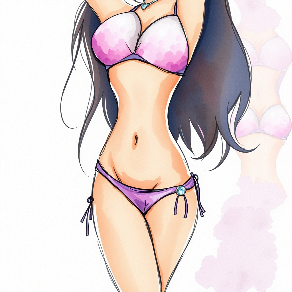 digital watercolor painting illustration with realistic paper texture, depicting sexy cartoon girl in see thru bikini