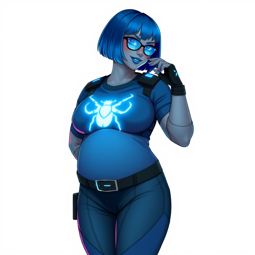 A 28-year-old, full-figured, middle gray-skinned computer program hybrid with a maximum blue bob cut. She has a non-athletic build, highlighted by a prominent, round, large midsection (with emphasis on her belly), which shows the aftermath of her pampering. As the heavily pampered digital sidekick to her cyberpunk vigilante boyfriend, her middle gray metallic skin and maximum blue lipstick emphasize her digital nature. She wears a digital, computerized costume inspired by DC’s Carrie Kelly Robin, consisting of a huge, tight-fitting, maximum blue t-shirt with a neon blue glowing chest icon of a beetle, hi-tech shoulder pads with neon blue accents, a black hi-tech belt with a digital neon blue glowing buckle, digital maximum blue biker pants with neon blue accents, and black hi-tech fingerless biker gloves with neon blue glowing accents. Her neon blue glowing eyes, black eyeglasses with a neon blue glowing HUD built into the lenses, and shy smile with neon red blush accentuate her nerdiness. She stands bashfully with one hand behind her back and the other hand gently touching her cheek, her costume covering all her skin and emphasizing her full-figured physique (especially her belly). She is clearly non-athletic, with a focus on her full-figured physique. Despite her build, she radiates beauty. She has a slim face compared to her physique, accentuating her radiant beauty. She is on a solid white background. She is drawn as if she were in a retro 2D cyberpunk fighting game.