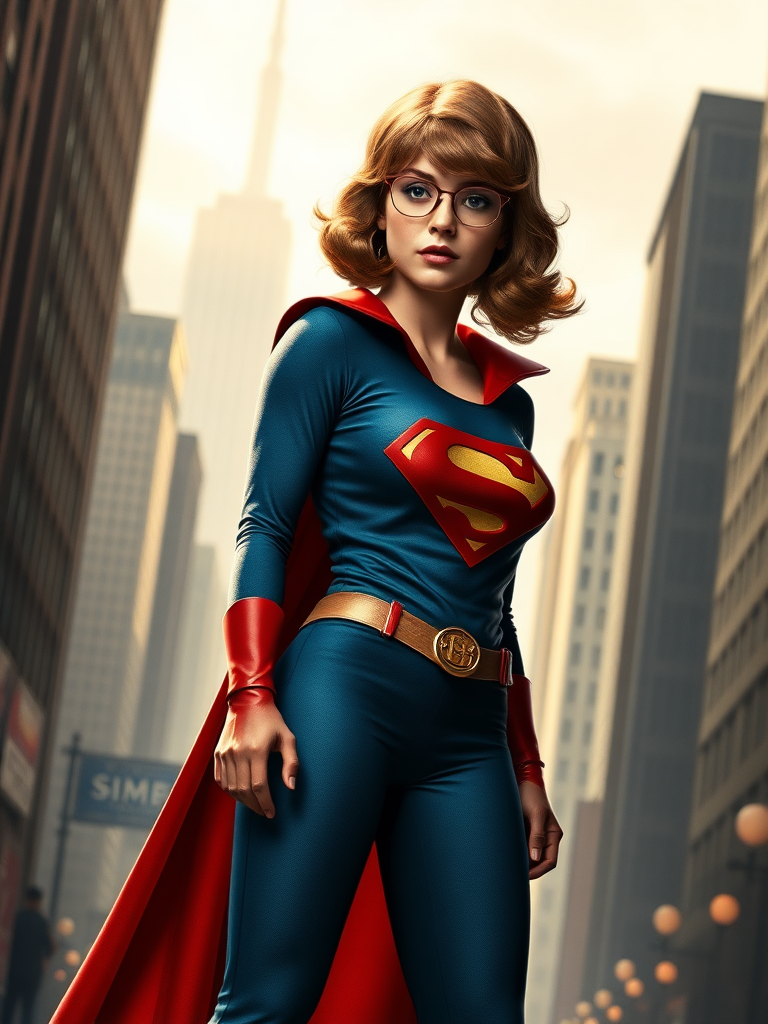 Create a full-length photorealistic image of a composite character. Combine Velma Dinkley's head, including her hairstyle and facial features, using a male body type resembling Superman's physique. Adjust Velma's iconic costume to fit the new body shape. The background should blend elements from both character universes, showcasing a cityscape that reflects the mystery-solving aspects of Velma alongside the heroic theme of Superman. Emphasize dynamic lighting to enhance the scene, capturing a sense of adventure and intrigue in this unique character mashup.