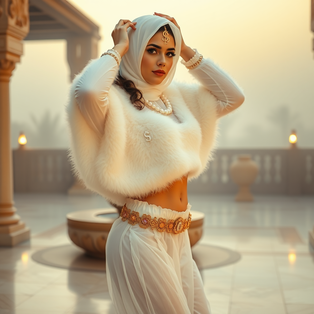 Kuwait desert palace harem patio misty dawn: Melissa, European 17 years old very convincing femboy “trophy-bimbo”, tamed servile docile, very beautiful feminine flawless face, rather short, by hormones very curvaceous womanly figured, heavily made-up eyes, wearing Supertanya-style fluffy very fuzzy bright white angora turtleneck-poncho cropped ending under bust decorated with pearls and gemstones, striking oriental wide gold bridal protection belt, white fully transparent harem pants, full Oriental bridal jewelry, face covered by white sheer full Burka, coin anklets, striking diamond “$$$” letter brooch on left chest, pout frustrated, seductively dancing for the sheik, hands high over her head, looking at camera. Full side view.