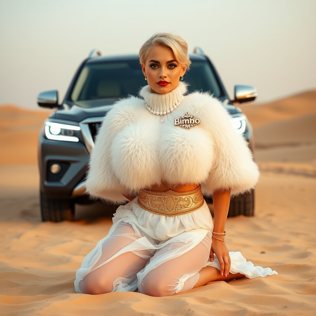 Kuwait desert dunes misty dawn, full size luxury SUV: Melissa, European 17 years old very convincing femboy “trophy-bimbo”, tamed servile docile, very beautiful feminine flawless face, rather short, by hormones very curvaceous womanly figured, platinum blond short tight curls, bold red lips, heavily made-up face, wearing Supertanya-style fluffy very fuzzy bright white angora turtleneck-poncho cropped ending under bust decorated with pearls and gemstones, striking oriental wide gold bridal protection belt, white fully transparent harem pants, full Oriental bridal jewelry including headpiece, nose-ring, coin anklets, striking diamond “Bimbo” letter brooch on left chest, pout frustrated, hands tied behind back, kneeling in sand in front of SUV, looking at camera. Focus on face and turtleneck-poncho.