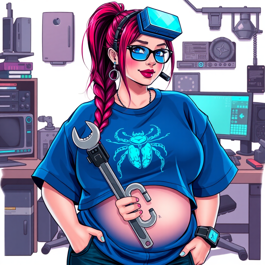 A cyberpunk vigilante’s full-figured intelligent and tech-savvy 29-year-old girlfriend, who is a computer hacker and tech genius. She has a long ruby red ponytail streaked with sky blue. She wears maximum blue lipstick, blue eyes, a sapphire beetle gemstone necklace, sapphire earrings, black eyeglasses, a futuristic holographic wristwatch computer, and an oversized maximum blue t-shirt featuring a neon blue beetle chest emblem. She has a full-figured, well-rounded physique with a prominent, round midsection, reflecting her well-cared-for lifestyle. Her round midsection is broadened and bloated to emphasize her figure. She sports a sapphire headset with a high-tech maximum turquoise lensed HUD, and a shy smile with a neon red blush. She is holding a futuristic hi-tech wrench while standing in her workshop in front of her computer desk and work bench. The background is solid white. She is drawn as if she was in a retro 2D cyberpunk fighting game.