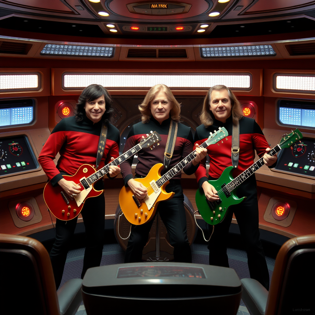 all three members of the band rush on the bridge of the starship enterprise