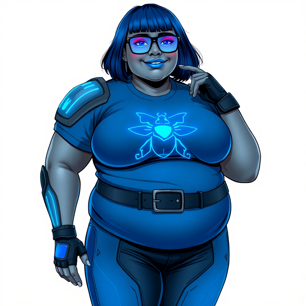 A 28-year-old, full-figured, metallic middle gray (N5) skinned computer program hybrid with a maximum blue bob cut. She has a non-athletic build, highlighted by a prominent, round, large midsection (with full emphasis on her belly), which shows the effects of her new love of junk food acquired from her boyfriend. As the full-figured, nerdy, digital sidekick to her cyberpunk vigilante boyfriend, her metallic middle gray (N5) skin and maximum blue lipstick emphasize her digital nature. Her skin has a subtle, animated glow, with digital patterns occasionally flickering across it, making her digital nature obvious. She wears a digital, computerized costume, consisting of a huge, tight-fitting, maximum blue t-shirt with a neon blue glowing chest icon of a beetle, hi-tech shoulder pads with neon blue accents, a black hi-tech belt with a digital neon blue glowing buckle, digital maximum blue biker pants with neon blue accents, and black hi-tech fingerless biker gloves with neon blue glowing accents. Her neon blue glowing eyes, black eyeglasses with neon blue glowing lenses equipped with a built-in HUD, and bashful smile with neon red blush accentuate her nerdiness. She stands bashfully with one hand behind her back and the other hand gently touching her cheek, her costume covering all her skin and fully emphasizing her full-figured physique (especially her large belly). She is clearly non-athletic, with a focus on her full-figured physique. Despite her build, she radiates beauty. She has a slim face compared to her physique, accentuating her radiant beauty. She is on a solid white background. She is drawn as if she were in a retro 2D cyberpunk fighting game.