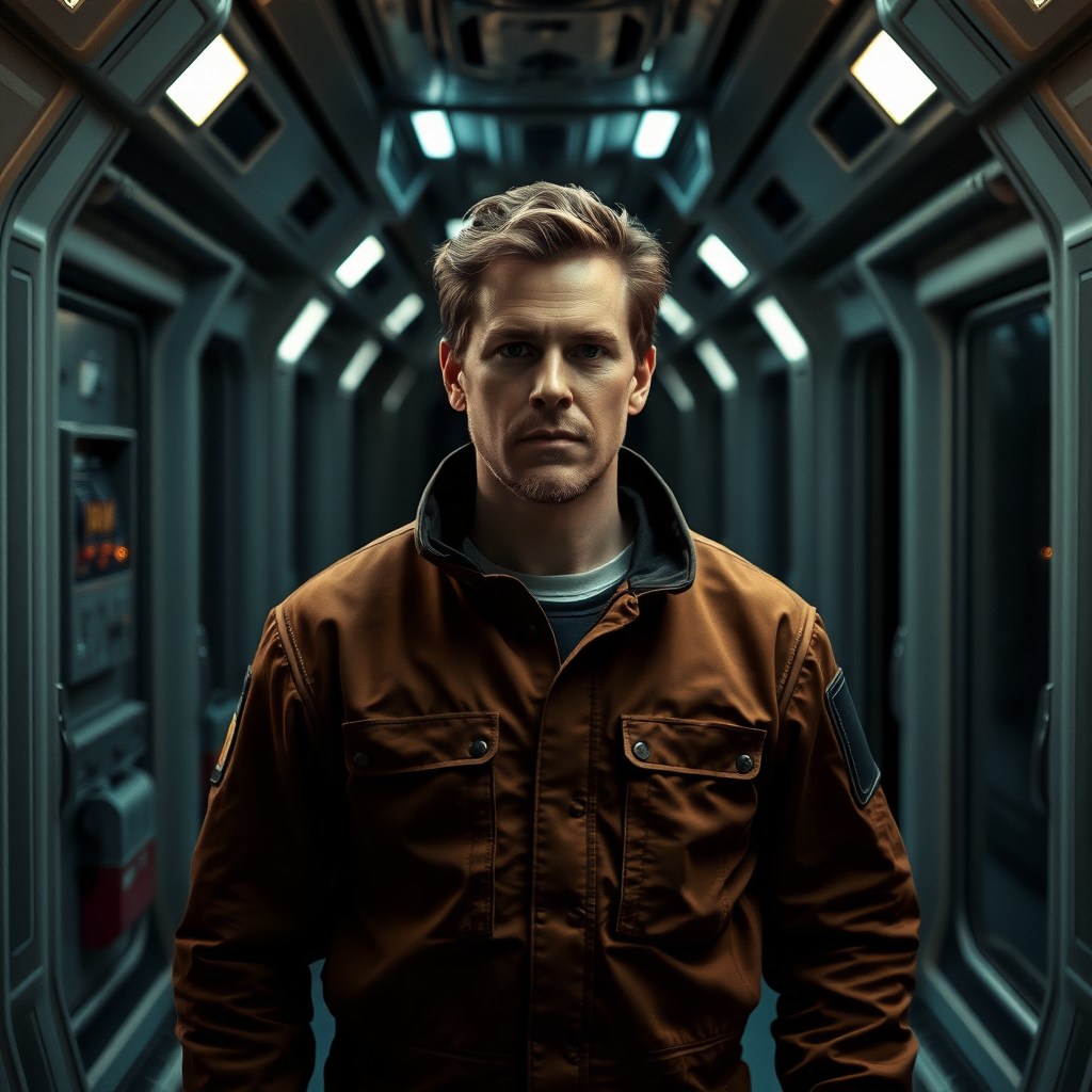 Ben Browder in a jumpsuit standing in a dimly lit hallway of a space ship