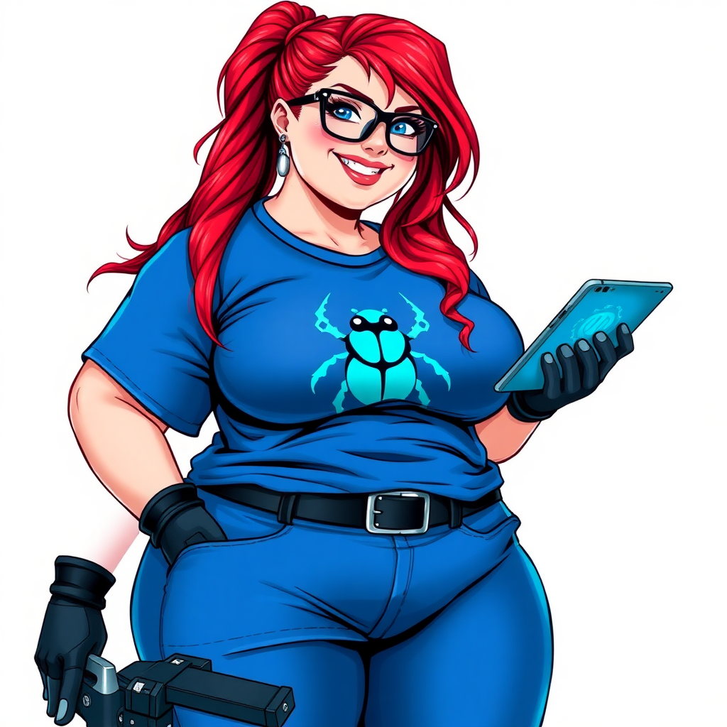 A 28-year-old, full-figured computer hacker and tech wiz girlfriend of a cyberpunk vigilante. Her long ponytail of ruby red hair, and striking, bright blue eyes make her stand out. Her wrecking ball-sized midsection, sequoia-sized limbs, and broad shoulders define her full figure, which has been heavily pampered by her doting boyfriend. Her nerdiness is blatantly obvious, and she serves as her boyfriend’s tech expert.

As the loyal and supportive sidekick, she plays a crucial role in their missions, using her digital and technological prowess to assist and protect. She wears an oversized maximum blue t-shirt adorned with a maximum turquoise beetle chest icon, black oversized eyeglasses, matching maximum blue biker pants, and black high-tech gloves. She beams with a neon red blush, holding a futuristic wrench and a digital holographic tablet. She is on a solid white background. She is drawn as if she was in a retro 2D cyberpunk fighting game. Her proportions are bloated to emphasize her figure.