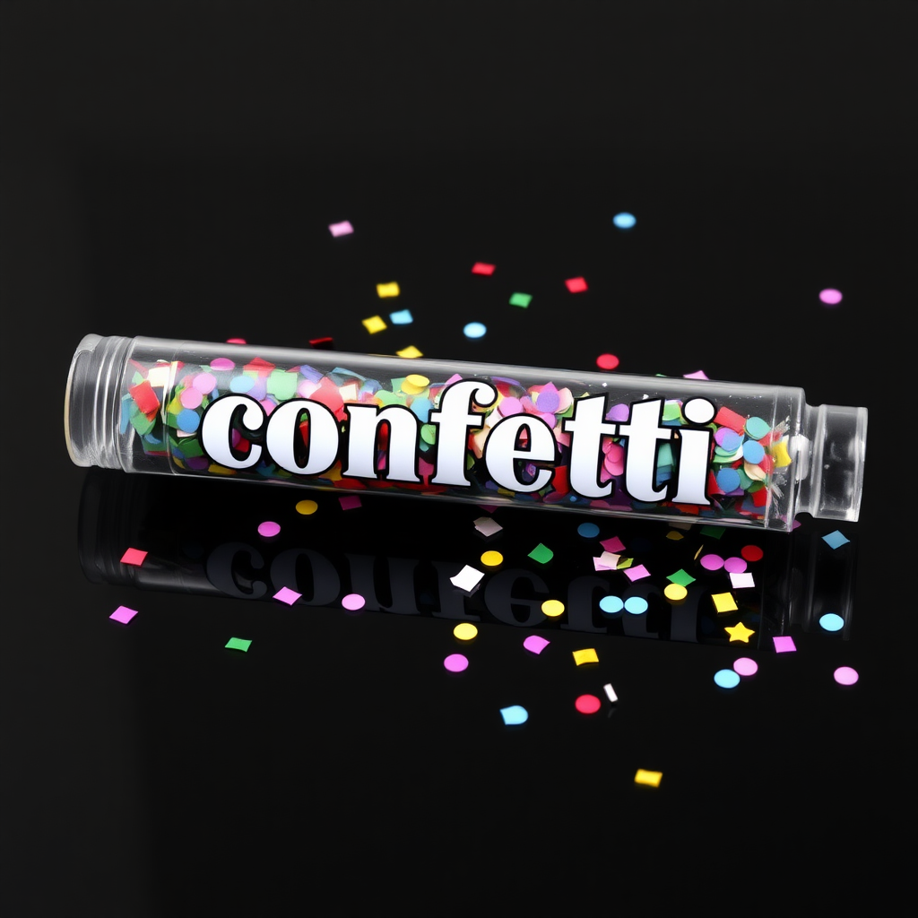 A photo of a glass fat transparent plain uniform confetti popper tube with colorful confetti inside and with text "confetti" on it, lying flat at an angle on black glossy surface, with confetti around it, white bold text with a black border, reflections on the tube glass, tube closed from both ends