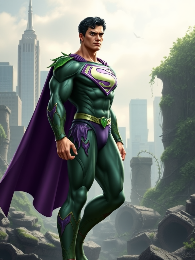 "Create a full-length image of Superman with the female body traits of Ivy from Soul Caliber, retaining his head and face. His physique should have Ivy's lithe, muscular build, with toned arms, legs, and a narrow waist. Modify his core costume to fit, incorporating Ivy's green and purple color scheme and leaf-like embellishments. Place him in a background blending Metropolis' skyline with Ivy's lush, overgrown ruins."