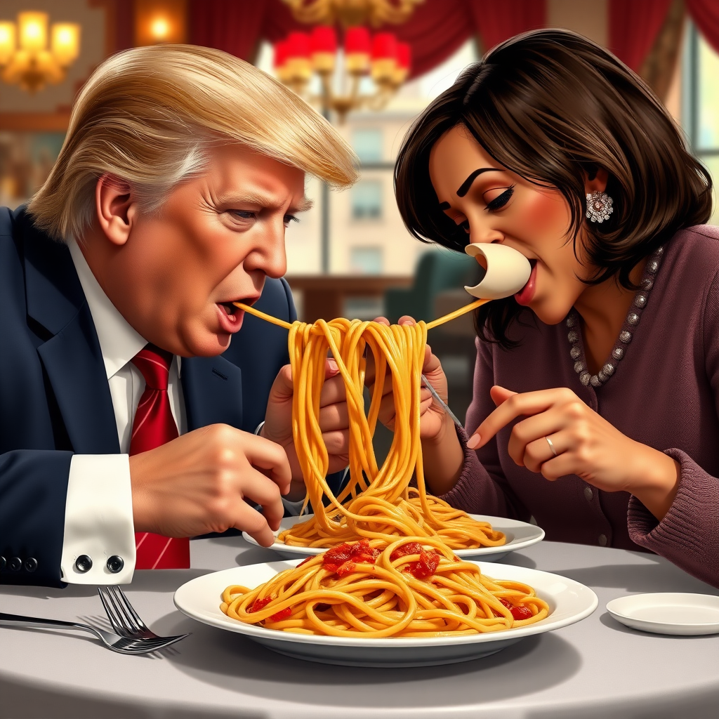 Photoreal style. ratio: 16:9. Donald Trump and Kamala Harris eating in an Italian restaurant a la the one in 'Lady and the Tramp.' Both humans are eating spaghetti from the same plate, and like in the movie, they end up eating the same strand of pasta, making their heads close to each other.