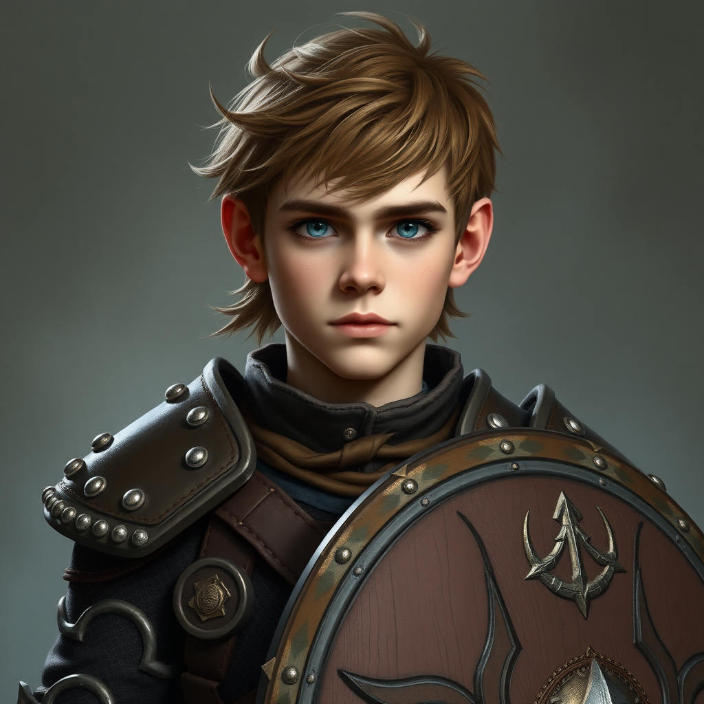 a halfling male 24 years old without blue eyes, wearing a studded leather armor and a shield, photorealistic, 16k, no extralimb