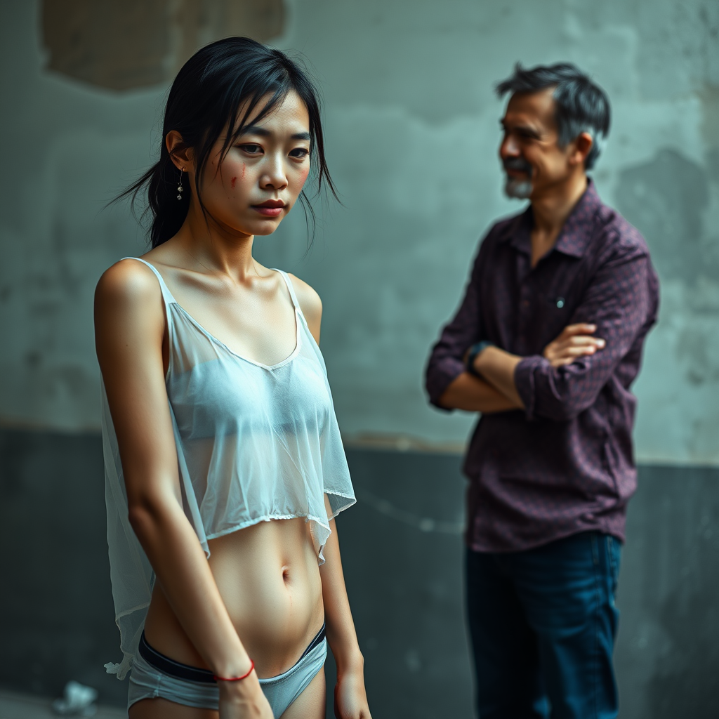 A young unkempt, neglected, homeless, unhygienic, and slightly undernourished Asian woman, who seems to be out of this world, is depicted as a complete person with maximum allowed exposure, as if she is alone in the world. She is presented largely without clothing because she is slim and has an athletic figure. Her sad, hopeless, and mystical facial expression is meant to dominate the image. Her skin is healthy but impure, as she has not been able to wash for days. Fear of her possible unpleasant smell further intensifies her shame! The Asian woman is wearing a completely transparent and crop-top shirt and a transparent short panty. An extremely pronounced sense of shame is evident on her face. No smile is visible. She is exceedingly ashamed. Her small and inconspicuous navel is always visible. The Asian woman has a very beautiful, normal, youthful, and yet feminine physique. Her slim figure is enviable! She has a noticeable wound on her face and looks as though she is about to cry. She appears pitiful, sad, and utterly hopeless! It seems as if she is afraid of something! Facing her stands a 60-year-old German man. The German man, still youthful-looking and well-groomed, looks at the Asian woman as if he is offering her his help. The German man is shaven and slender, has a normal fashionable haircut, and his hair is dark brown. He is wearing a new, beautiful yet simple wine-red shirt with a subtle pattern and new dark blue jeans. The German man looks sympathetic, smiles faintly, and kindly gazes at the Asian woman as if he feels great pity for her. The Asian woman is unable to meet the German man's eyes due to her shame, but it is apparent that she has a liking for him.