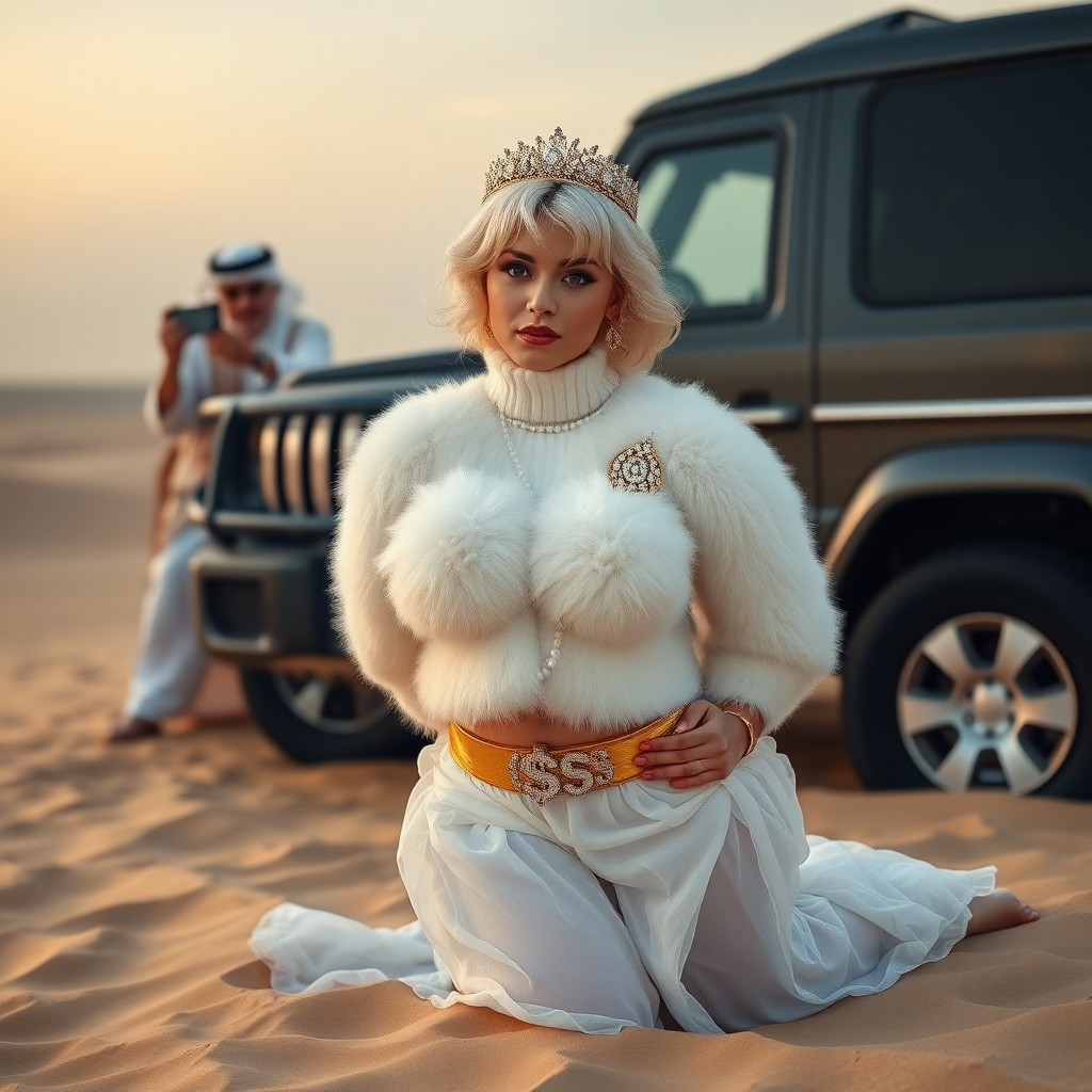 Kuwait desert dunes misty dawn, full size luxury SUV: Melissa, European 17 years old very convincing femboy “trophy-bimbo”, tamed servile docile, very beautiful feminine flawless face, rather short, by hormones very curvaceous womanly figured, platinum blond short tight curls, bold red lips, heavily made-up face, wearing Supertanya-style fluffy very fuzzy bright white angora turtleneck-poncho cropped ending under bust decorated with pearls and gemstones, striking oriental wide gold bridal protection belt, white fully transparent harem pants, full Oriental bridal jewelry with striking headpiece, full Oriental face-jewelry, striking diamond “$$$” letter brooch on left chest, pout frustrated, hands tied behind back, kneeling in sand in front of SUV, looking at camera. Focus on face and turtleneck-poncho. Standing behind leaning against SUV: older overweight mighty sheik laughing taking pictures with mobile phone.