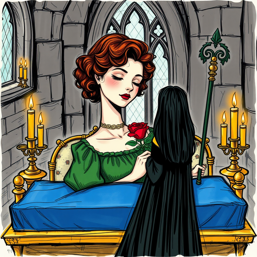 1900 sketch funeral scene of a 19 year old thin, girlish, sweet youthful alluring feminine prince with short wavy brown hair with curls, rose blush highlighting contour with a hint of red, red lipstick, hooded eyes with long eyelashes. Wearing a gold choker, a green off shoulder dress puff sleeves with a rose neckline shaped into a u shape. In a gothic castle tower, sleeps on a glass encased golden funeral bier with a blue medieval bed eyes closed holding a rose, with her head resting on a double pillow, with candles and flowers on each post, in the center of the room as a staff wielding green 38 year old long dark haired queen wearing a black off shoulder enters the room.