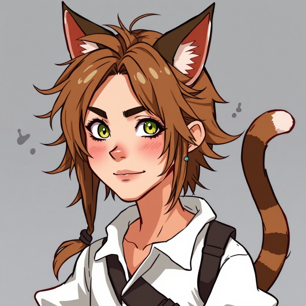 A pirate teenager with messy brown hair, cat ears, and an animated cat tail.