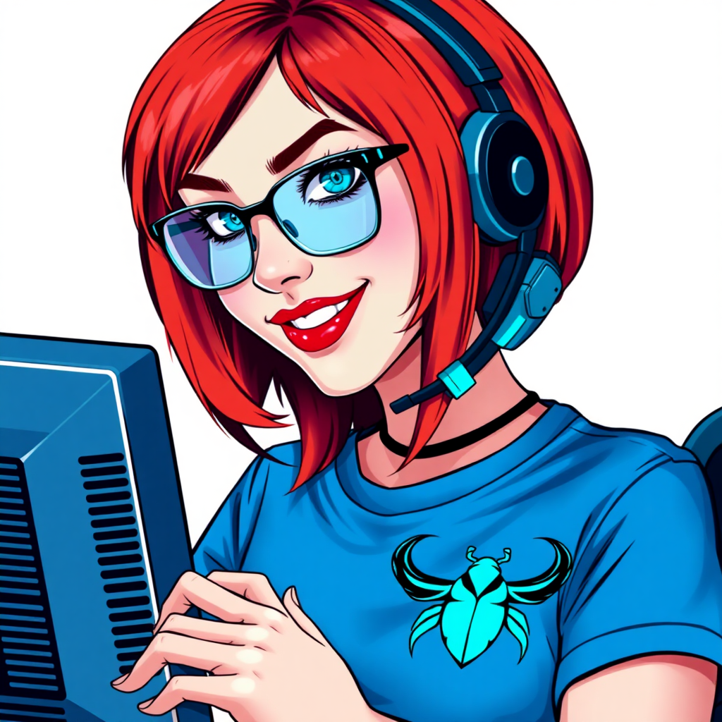 A hot, nerdy, 28-year-old computer hacker in a wheelchair, with a unique, fiery crimson bob cut, maximum blue lipstick, and piercing blue eyes. She wears a maximum blue t-shirt adorned with a maximum turquoise chest emblem of a beetle. Her accessories include a sapphire headset, sleek black eyeglasses, a lovestruck smile, and neon red blush. She serves as her vigilante boyfriend’s tech expert from his secret hideout, diligently working at her computer. The background is a solid white. She is drawn as if she was in a retro 2D cyberpunk fighting game. Ensure her hair color is distinct from DC’s superheroine Oracle and any other character.