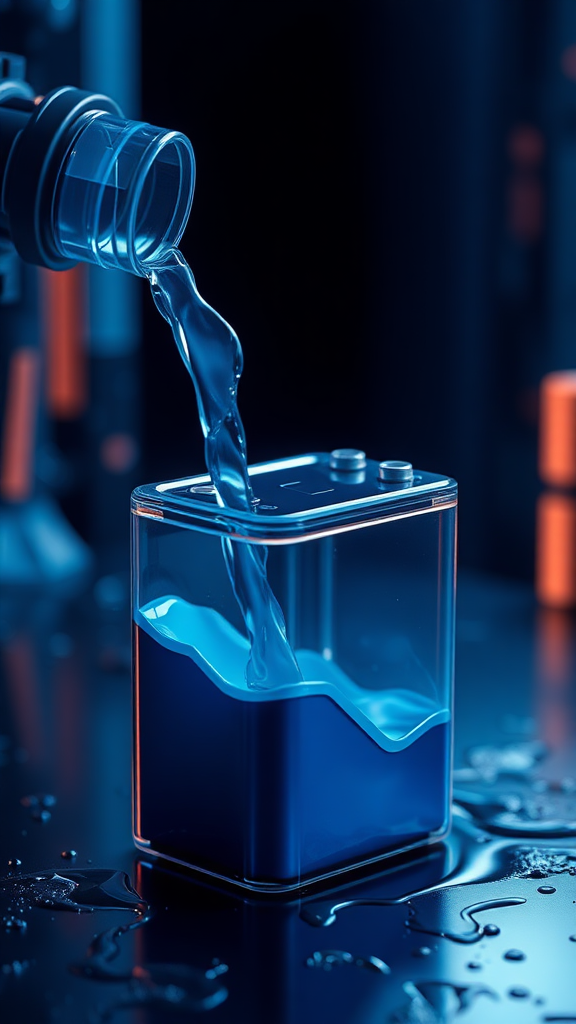 The image of extracting liquid from a secondary battery and regenerating it, express it as a realistic image with 3D rendering, express the background as a cybernetic and mysterious image, and express the overall color as dark blue.