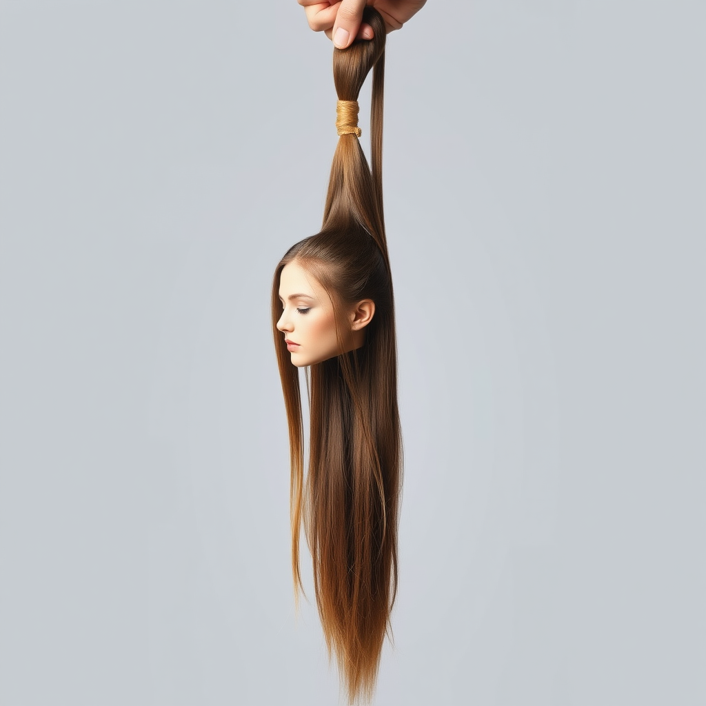 Surreal image of a very long haired woman's beautiful disembodied head hanging by her very long hair. Her very long hair is gathered at the top of her head into a long ponytail that stretches upward into a grasped hand. Plain gray background.