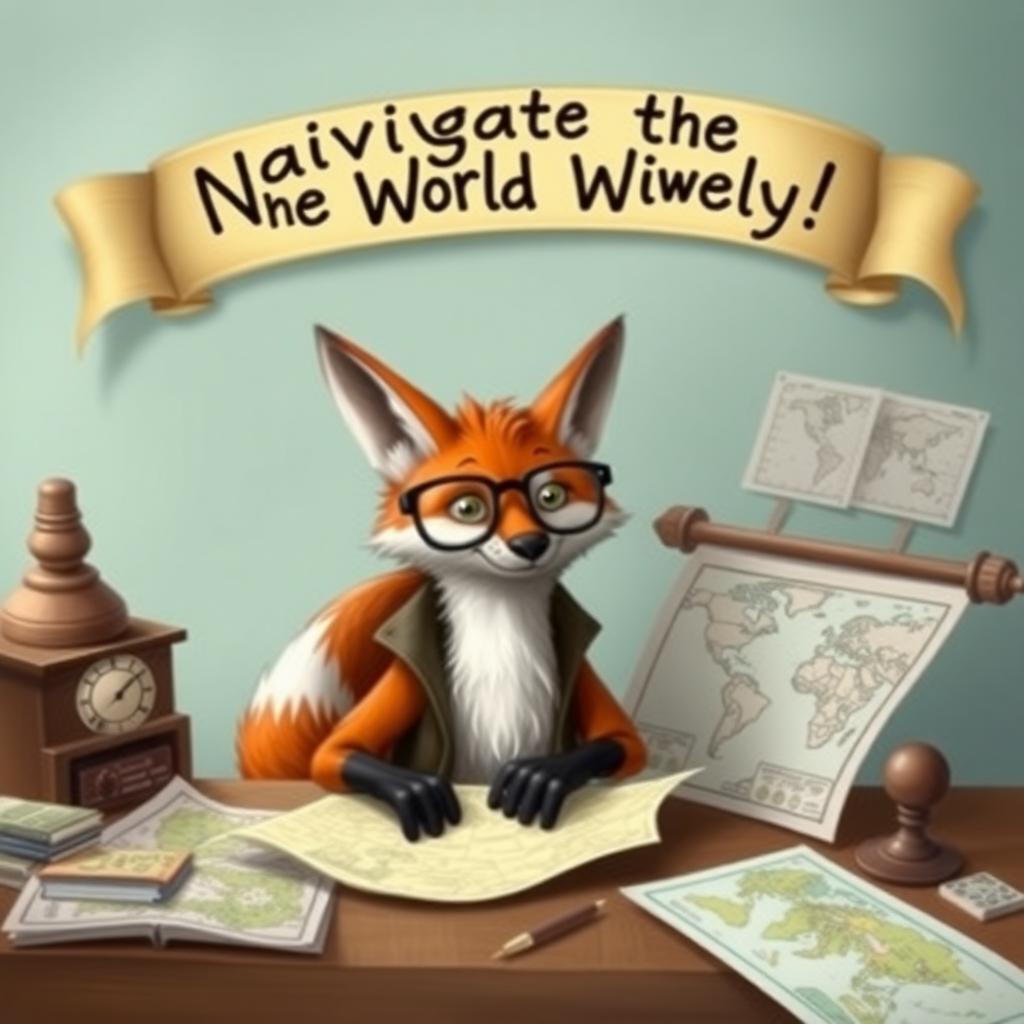 An imaginative scene depicting a clever fox wearing glasses, sitting at a desk filled with maps and charts, plotting a strategic path, with a banner overhead reading, "Navigate the World Wisely!"