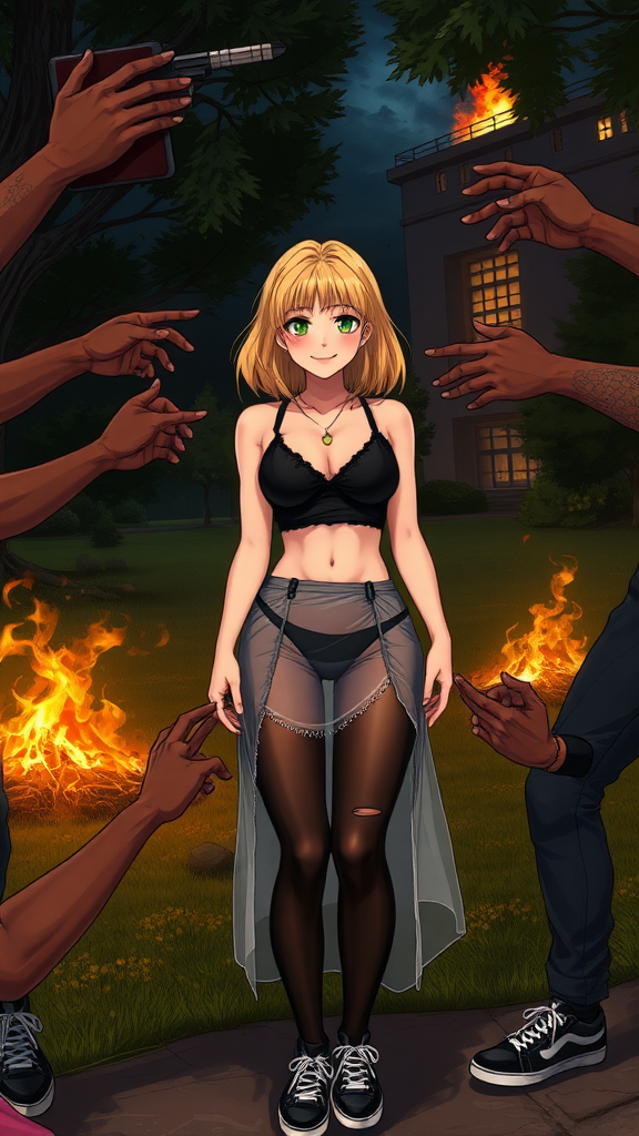 Anime art of a woman and hands of thug black-African rioters next to her touching and grabbing her all over, medium blonde hair, wicked smile, a black, sleeveless crop top that reveals the woman's falling-down black bra and a high-waisted, wicked smile, large breast, wearing a transparent ripped and pulled on mini skirt by guys that showcases her black thong underwear underneath falling. She is also wearing black sheer tights and black sneakers with white laces, in Park and 1 building on fire at night from riots background.