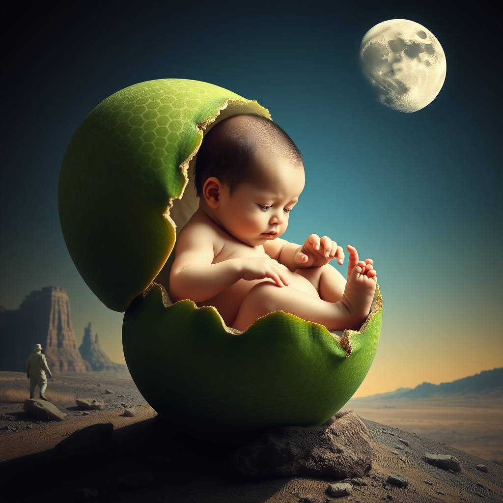 Create a photorealistic mix picture in Salvador Dali style. With a fresh newborn human baby hatching from what looks like a green reptile egg. Scene: moon landscape.