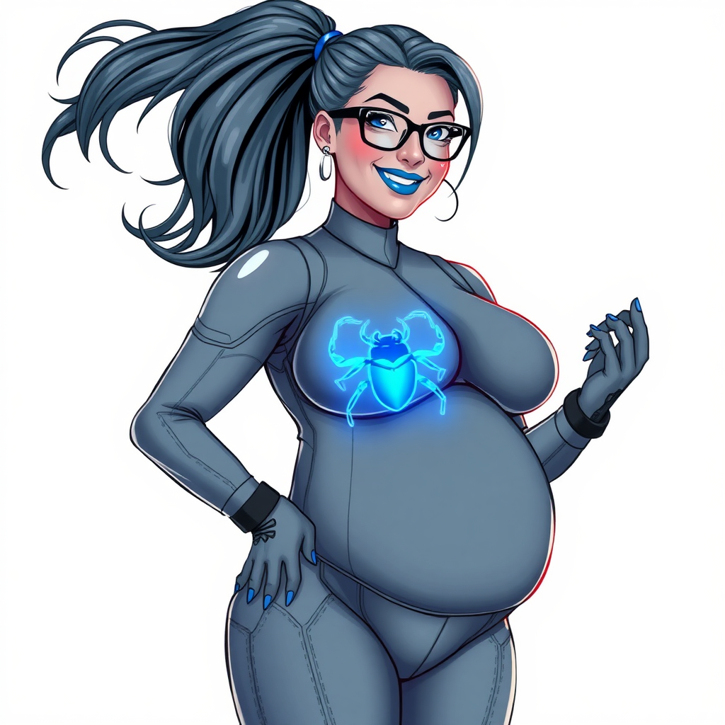 A 29-year-old computer science major embracing her new life as her new cyberpunk vigilante boyfriend's nerdy, full-figured middle gray skinned computer program hybrid girlfriend with a long, middle gray ponytail. She wears maximum blue lipstick and has bright blue eyes. Her outfit includes a digital, computerized, middle gray bodysuit (accentuating her gargantuan midsection) featuring a neon blue glowing beetle chest icon. She sports black eyeglasses, with a beaming smile and neon red blush. Her full figure reflects the doting care of her vigilante boyfriend. She uses her power to hack into computers and machines to serve as her hero's minicomputer operating out of his hi-tech wristwatch and supercar's supercomputer. The background is solid white. She has a prominent, round, gargantuan midsection. Her midsection is bloated, expanded, and broadened to emphasize her physique. Her middle gray metallic skin shows her digital nature. She is drawn as if she was in a retro 2D cyberpunk fighting game.