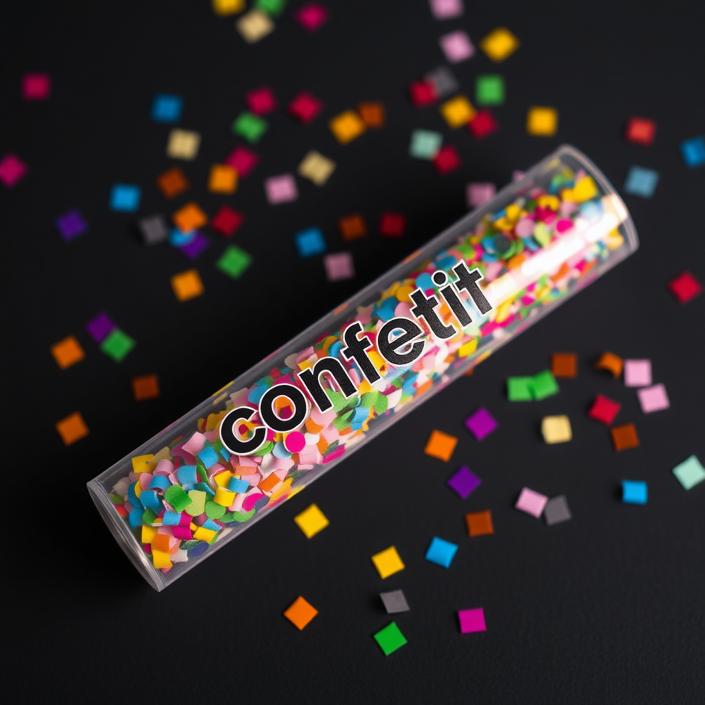 colorful confetti popper tube with text "confetti" on it