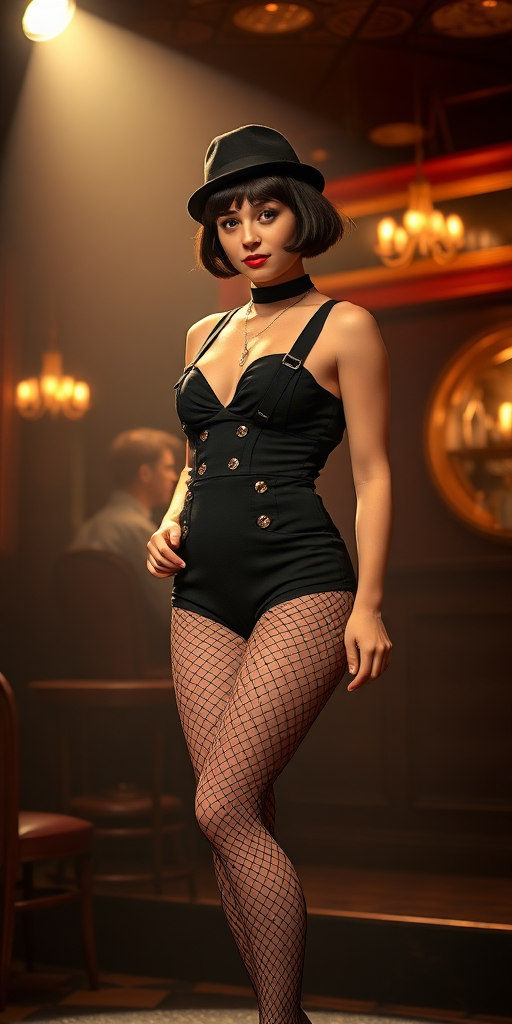 a sally bowles type character on stage in a cabaret type stage show - wearing a bowler hat, a basque and fishnet stockings and suspenders - she has a short boyish haircut full height - she is lit by a spotlight - the backdrop is a 1930s art-deco bar scene