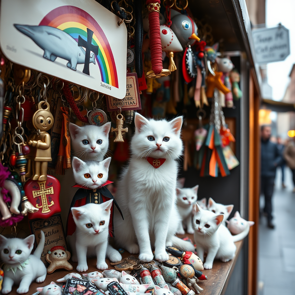 A street stall staffed by white kittens filled with kitschy keychains for tourists in Berlin, cats, Catholic, vampire, cross, tacky, rainbow, raining, weird, post-apocalypse, fish