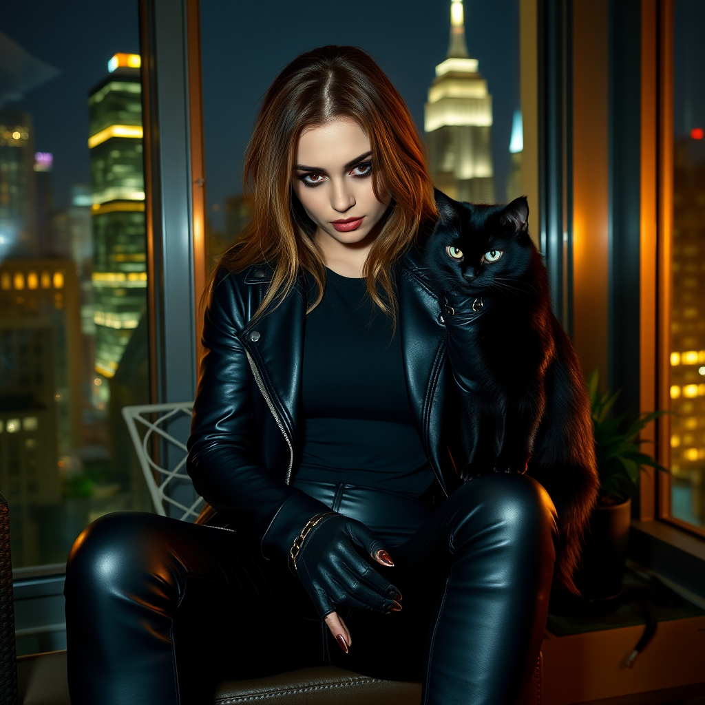 A beautiful tough thief girl in black leather jacket over black t-shirt with black tight jeans and gloves stroking a black cat sitting in a Manhattan penthouse at night.