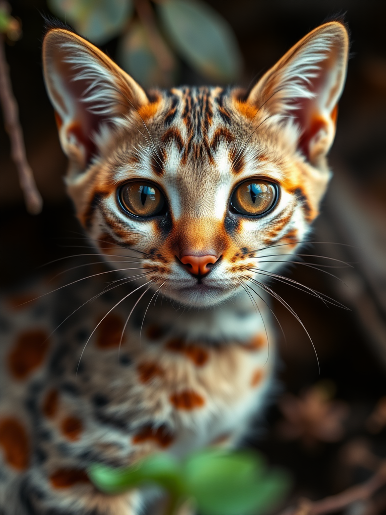 A highly realistic 4K close-up shot of a Rusty-Spotted Cat. The small cat has large, striking amber eyes, a short muzzle, and delicate whiskers. Its fur is a soft mix of greyish-brown with distinct rusty-red spots along its body. The details of its fur texture, sharp gaze, and tiny nose are captured with extreme clarity. The background is blurred slightly to emphasize the cat, showing subtle hints of a natural habitat with leaves and branches. The lighting is soft and natural, highlighting the cat’s unique patterns and features.