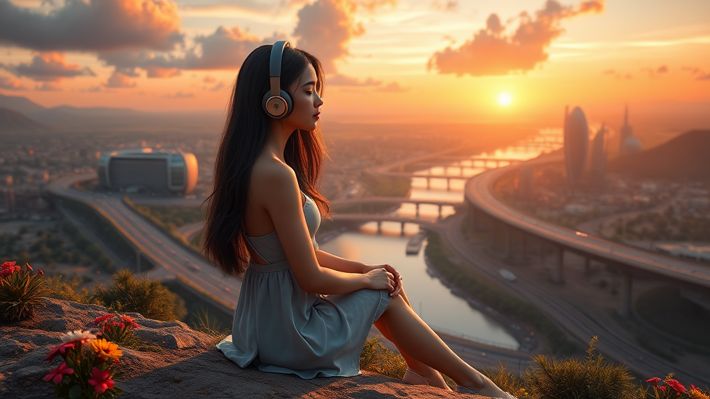 pretty Asian woman with long hair in pretty short dress, sitting on the ground with headphones, on an alien planet with an alien city, nice greenery, flowers, rivers, and nice sunrise clouds, highways and streets, ultra realistic view and ultra high cinematic detail