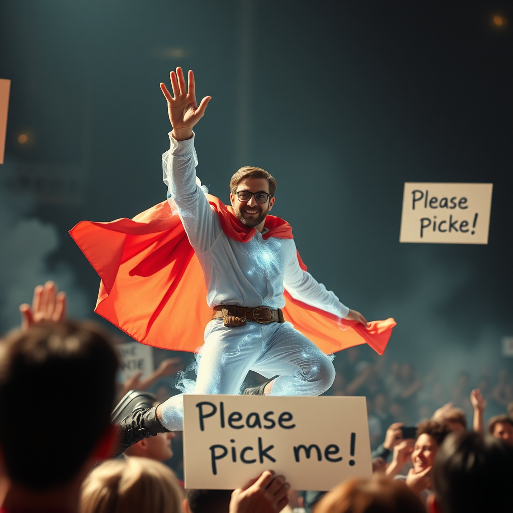 An ethereal mystic superhero eagerly jumps out of a crowd raising and waving his hand. His other hand holds a sign that reads "Please pick me!"