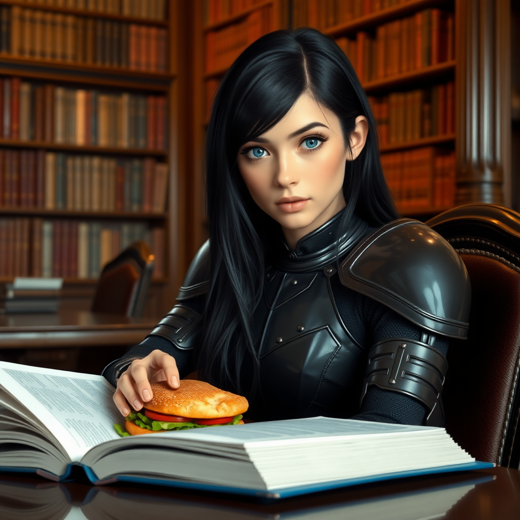 beautiful young woman, dark hair past her shoulders, blue eyes, small, slim figure, wearing full leather armor suit, sitting at table with sandwich, reading a book in a great library.