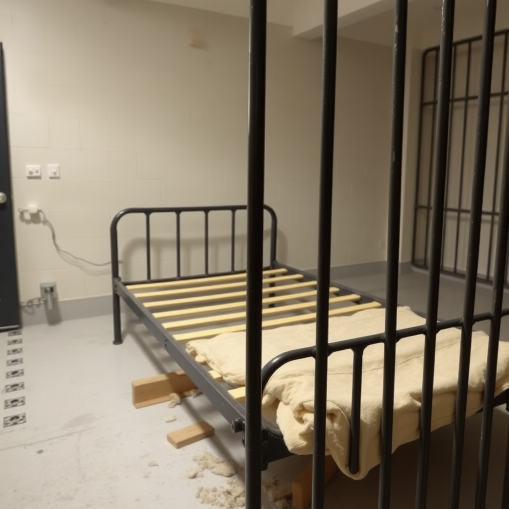 The cell contained an iron bedframe bolted to the floor.