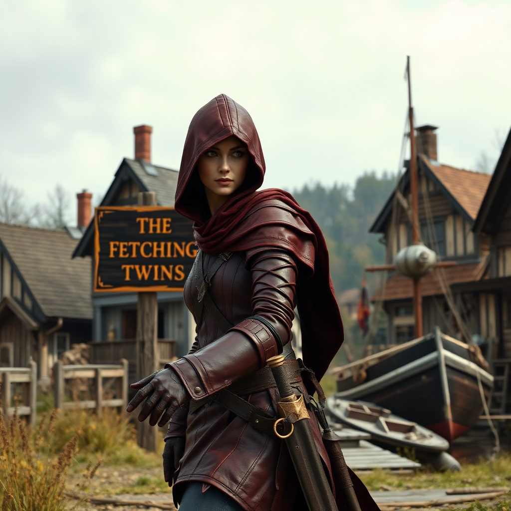 A wide distance shot of a female thief dressed in dark red leather armor and hood in a pastoral fantasy town. Manse in the background. She is fleeing from someone. Bar called "The Fetching Twins" wooden sign (consisting of a silhouette of two women leaning together for a kiss). Village of Dryden, dock with a run-down ship.