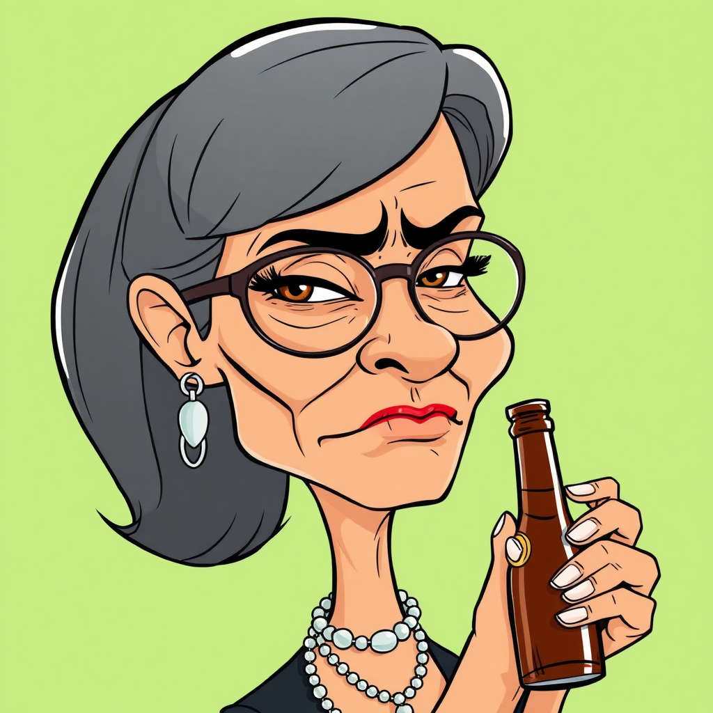 a 50 Years old, gorgeous, fit, European, Latina, sharp aquiline nose, wrinkles, high cheekbones, Middle Eastern, Skinny, Tanned skin, Dark light skin, full Makeup, jewelry, Sharp nose, frowning, exxagerated cartoon emotions, lascive, pouting, holding a bottle, dark grey Ash hair, short bowl haircut, Brown eye color, half closed eyes, round Glasses, with detailed features. cut out and isolated on a green background. 2D, caricature, cartoon, Sketch lines, coloring book style, well composed, clean coloring book page, No dither, no gradient, strong outline, vector illustration,