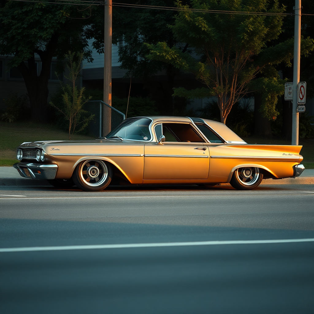 the car is parked on the side of the road, inspired by Taiyō Matsumoto, tumblr, restomod, nd4, c4 metallic shine classic american low rider car