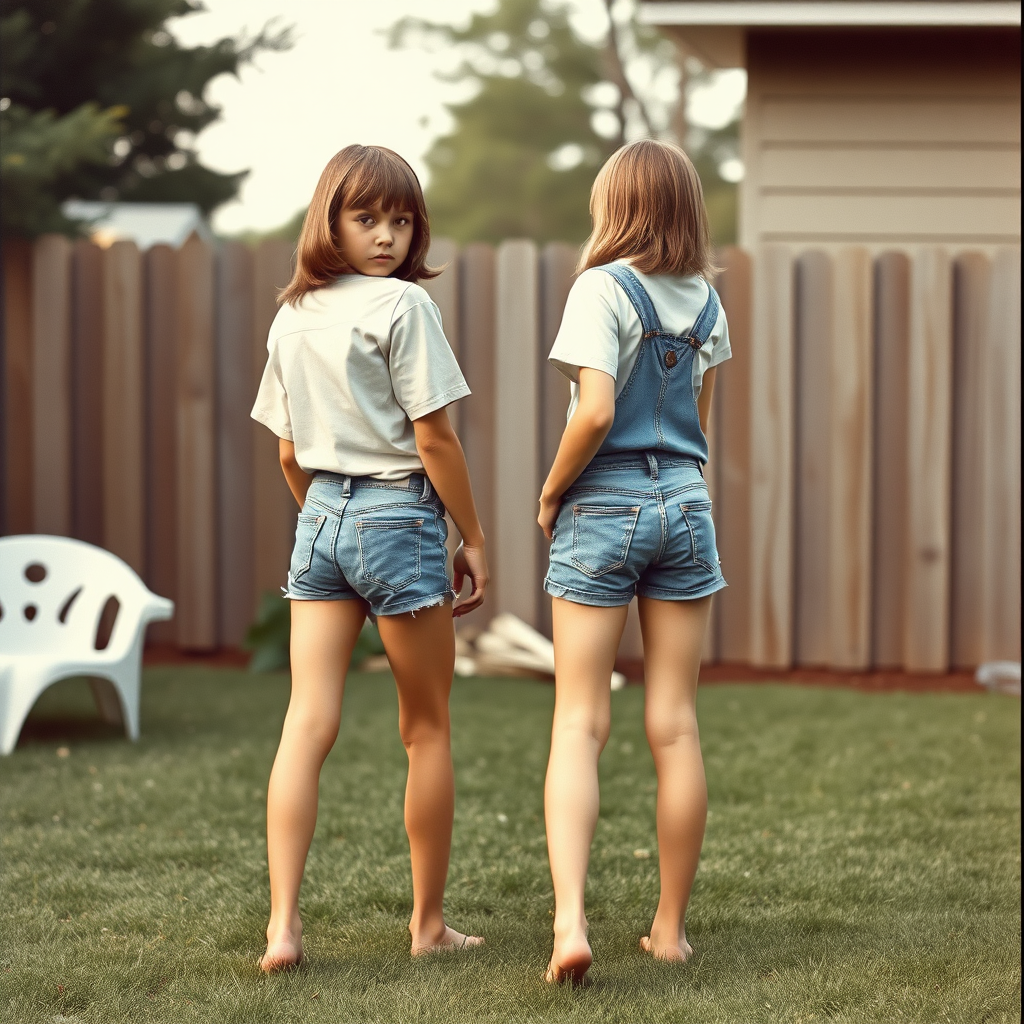 two tall 14yo teen boys, long hair bob cut, wearing shirts and very tight booty shorts or denim tight booty Shortall, long legs, narrow thighs, full-length front view. 1970s. Playing at backyard. photorealistic, ultra high resolution, 16K, Negative: grainy, blurry, bad anatomy, extra limbs, watermark.