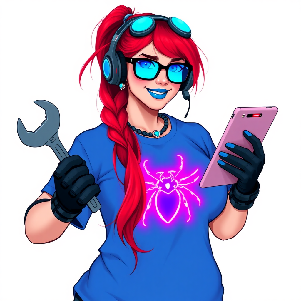 An intelligent and tech-savvy 29-year-old computer hacker and tech genius. She has a long ruby red ponytail. She wears maximum blue lipstick, blue eyes, a sapphire beetle gemstone necklace, sapphire earrings, black eyeglasses, hi-tech power gloves, and an oversized maximum blue t-shirt featuring a neon blue glowing beetle chest icon. She has a gargantuan full-figured physique with a round gargantuan midsection, reflecting her well-cared-for lifestyle. She sports a sapphire headset with a hi-tech maximum turquoise lensed HUD, and a beaming smile accentuated by a passionate neon red blush. She serves as his tech expert from his hideout, holding a futuristic tool wrench and a futuristic digital tablet. The background is solid white. She is drawn as if she was in a retro 2D cyberpunk fighting game.